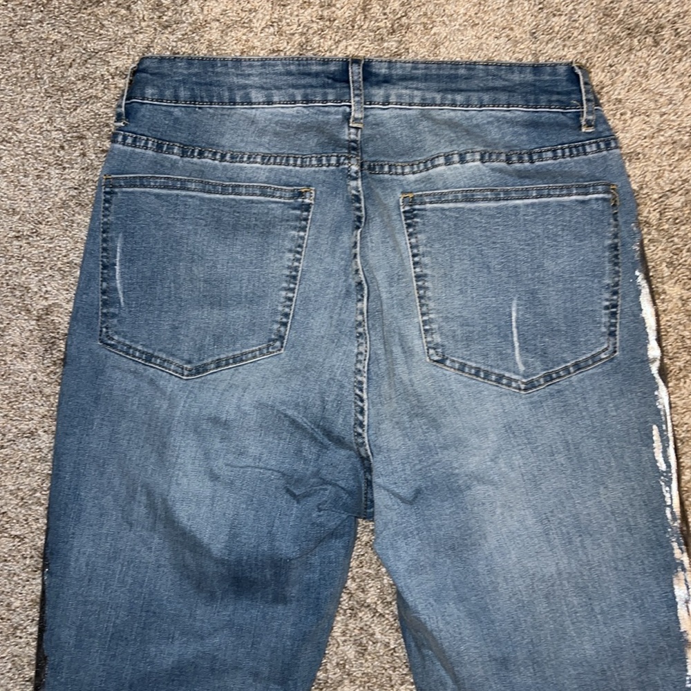 FOR THE REPUBLIC METALLIC SILVER SIDE FRINGE BOTTOM DENIM JEANS size 6 - Picture 5 of 5